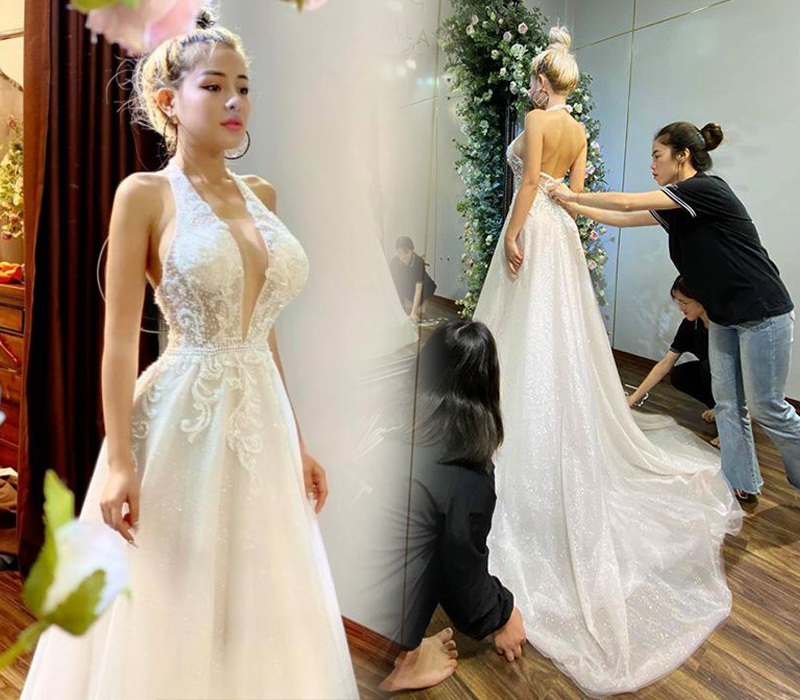 Dường như cứ mỗi khi thả dáng với bộ váy cô dâu, hot girl Bình Định đều chọn đầm kín đáo, hở hang tinh tế chứ chẳng hề phô phang nhức mắt.
